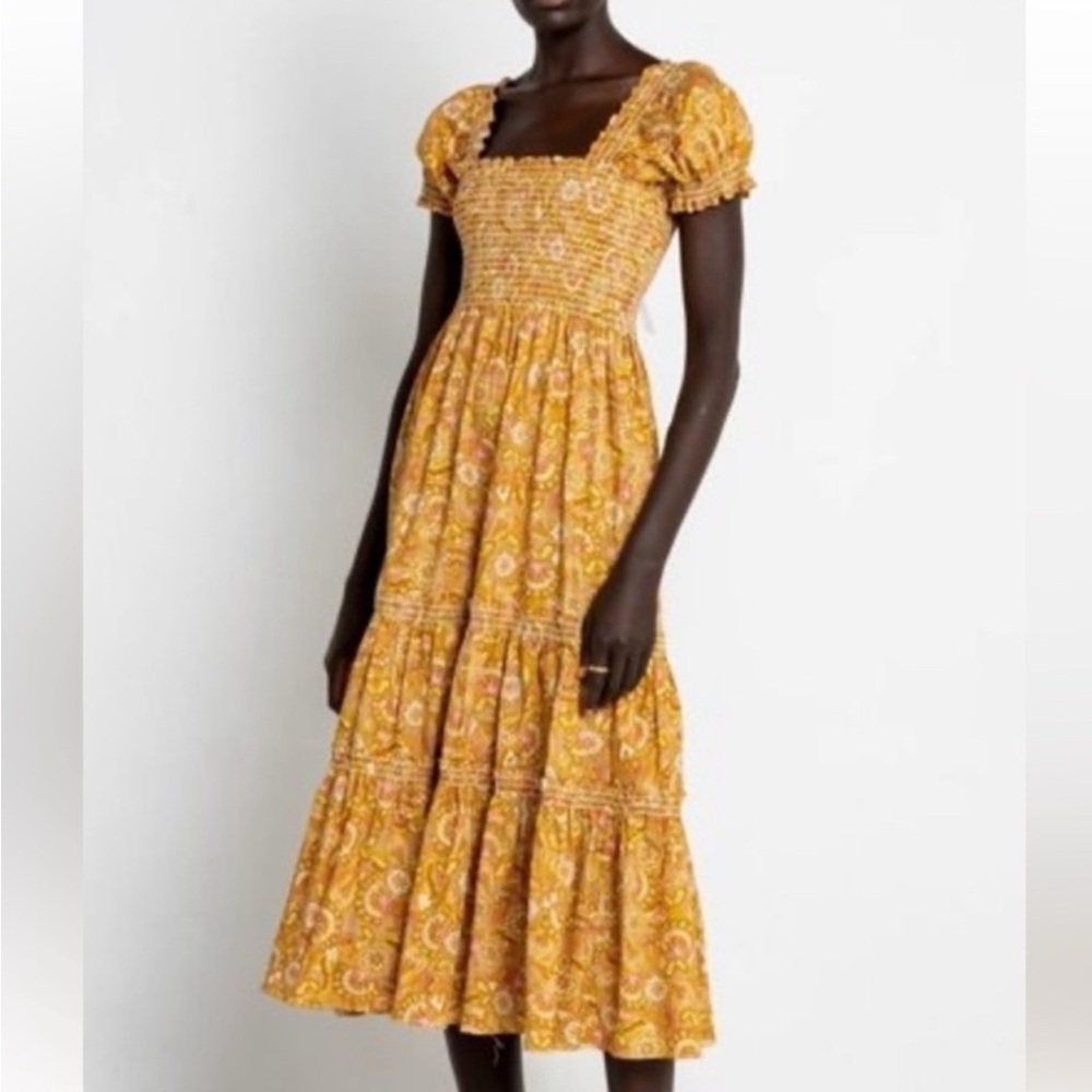 OPT Orange Brown Floral Paisley Smocked Tiered Midi Dress Size M